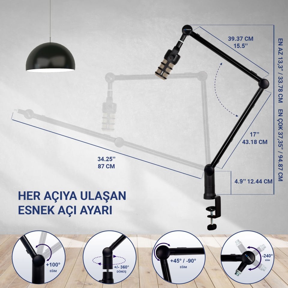 Boom Arm Ayarlanabilir 360° Dönebilen Mikrofon Tutucu, Mikrofon Kolu - Hero