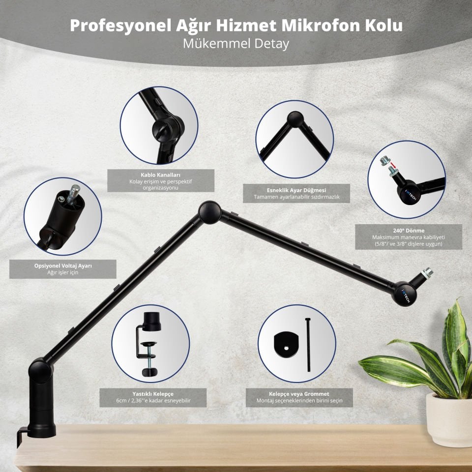 Boom Arm Ayarlanabilir 360° Dönebilen Mikrofon Tutucu, Mikrofon Kolu - Hero