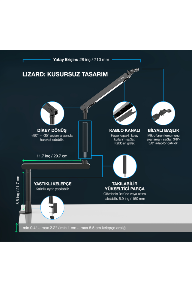 Boom Arm Ayarlanabilir 360° Dönebilen Mikrofon Tutucu, Mikrofon Kolu -  Lizard
